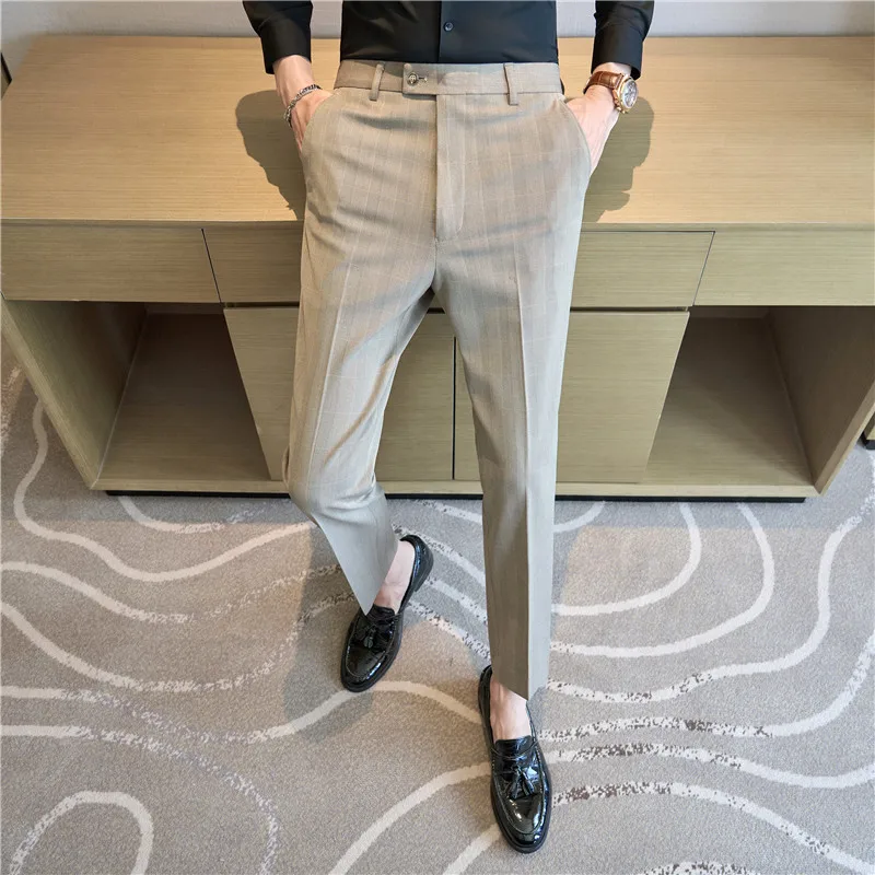 Men Grid Suit Pants 2024 Autumn Solid Casual Straight Formal Dress Trousers Slim Fit Pantalon Homme Wedding Party Men Clothing