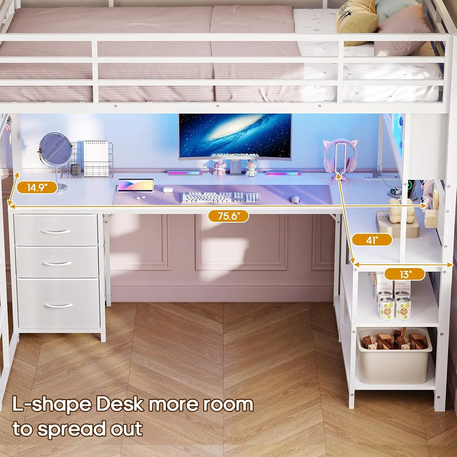 Twin Gaming Loft Bed with Desk, White Metal Frame with RGB Acrylic Hutch, 3 Storage Drawers, Shelves, Pegboard, Power Outlet image 5