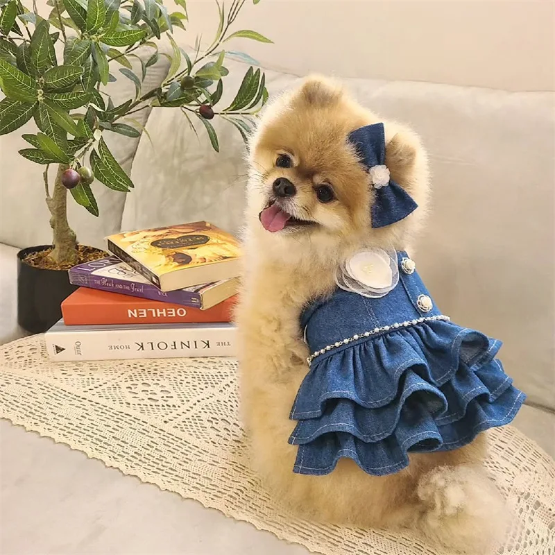 

Pet winter clothes Hong Kong style Autumn and winter Retro Blues dog denim dress with Bow headband for Poodle Bichon Frise