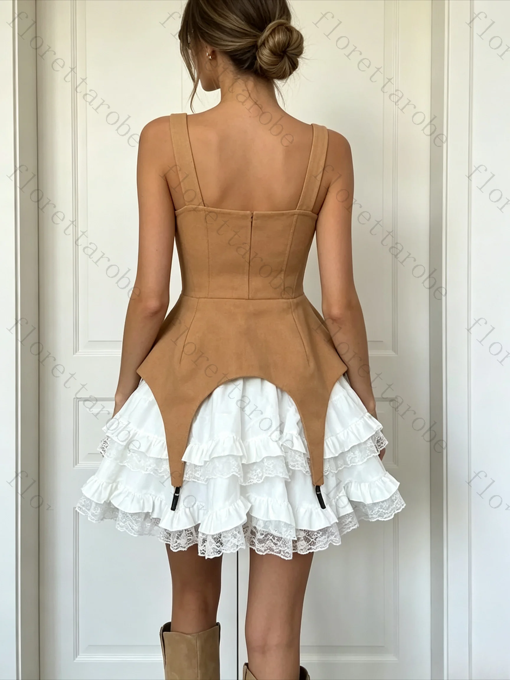 Customized Women's Square Neck Ruffled Lace Mini Dress Sleeveless Patchwork Tiered Bottom Outfit for Dating Casual Party Wear