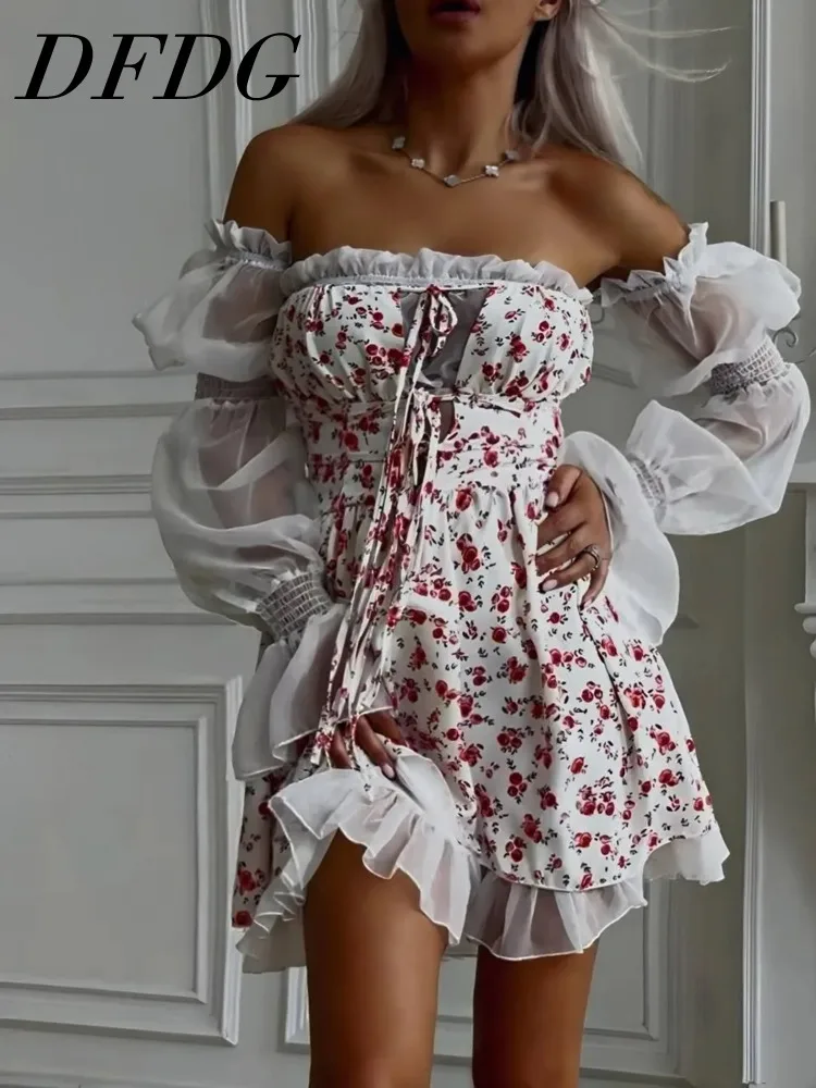 

Женское мини-платье DFDG с открытыми плечами, цветочным принтом, шнуровкой и оборками, расклешенное, для выпускного вечера и вечеринок, модное, женственное, весна-лето 2026