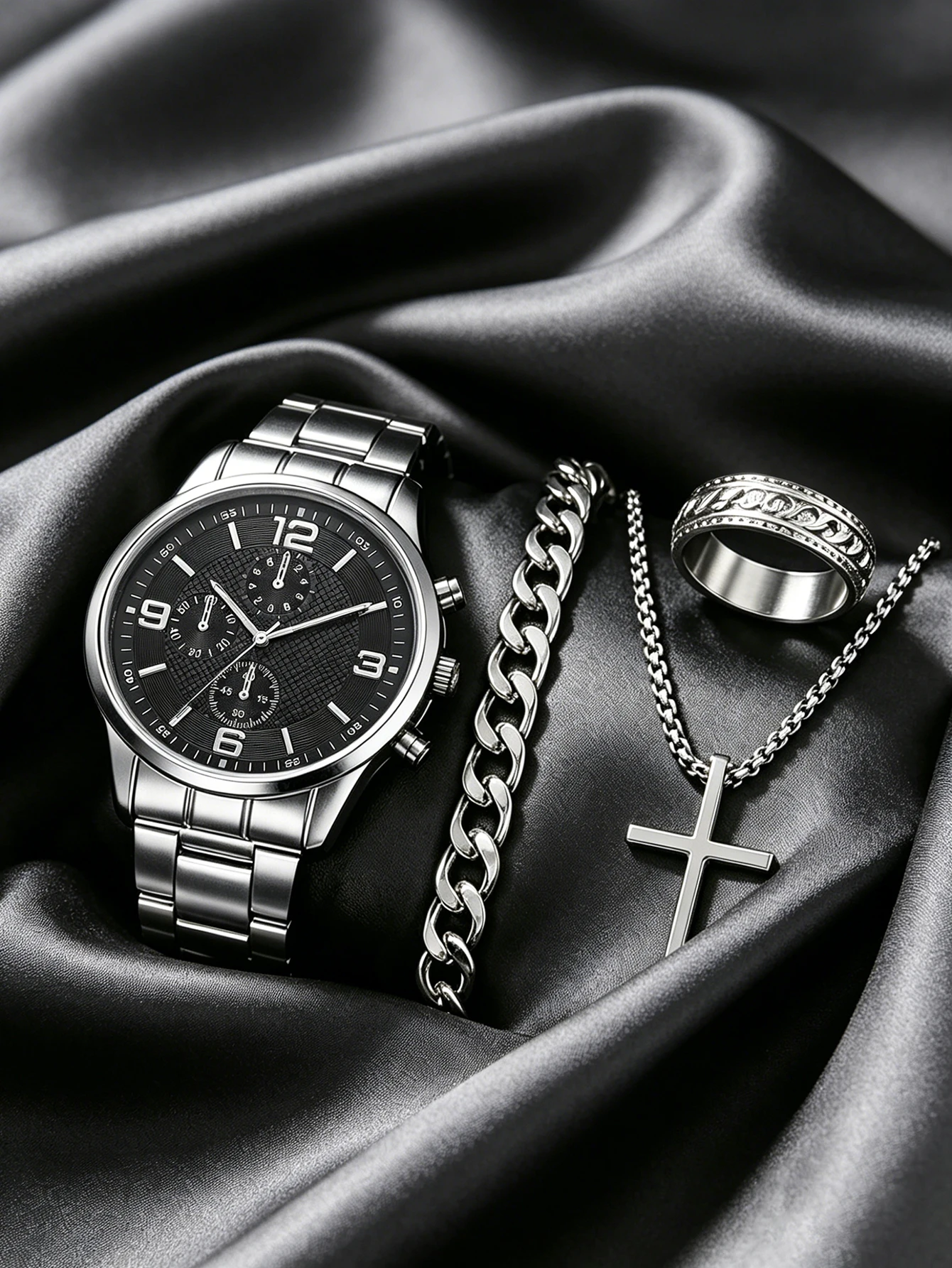 A fashionable and casual men's quartz watch paired with a bracelet, necklace and ring set - a Father's Day gift