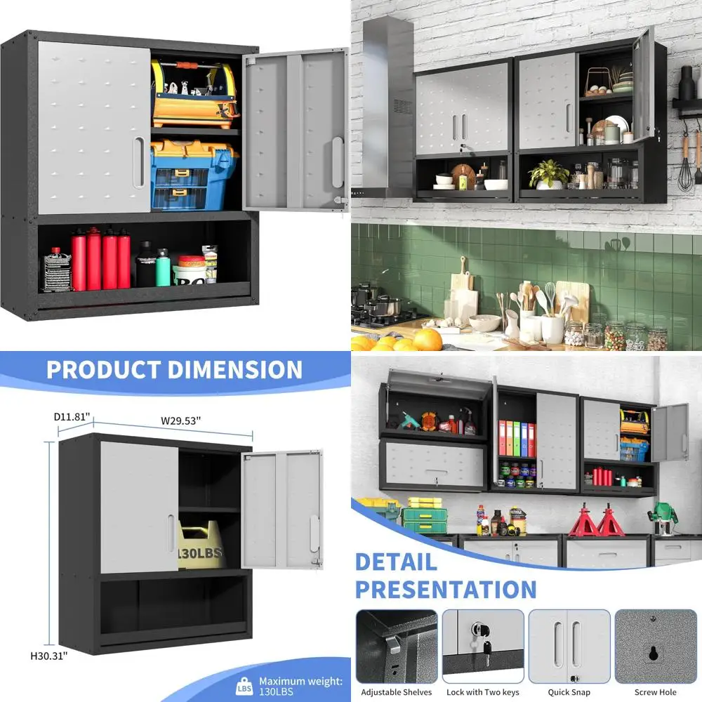 

Регулируемые настенные металлические шкафы для хранения в гараже: черный и серый с дверцами и полками