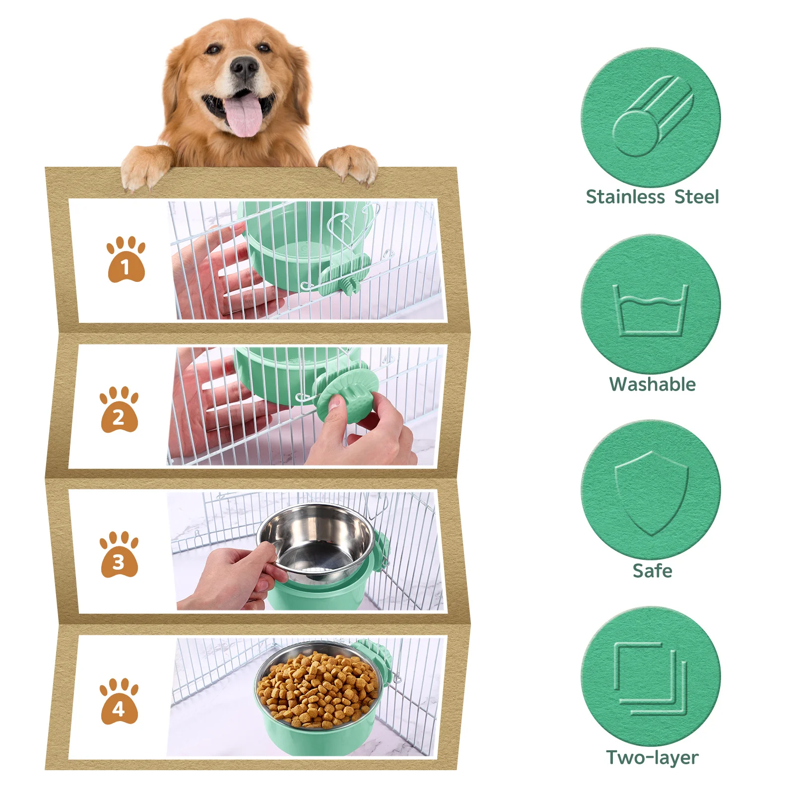 

1Pcs Stainless Steel Pet Hanging Bowl Removable Crate Food Water Bowl Stable No Spill Dog Cat Rabbit Pet Food Bowls