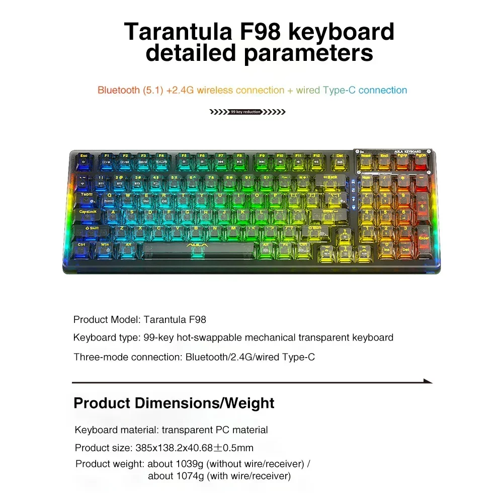 AULA F98 Drahtlose mechanische Tastatur, Bluetooth-Gaming-Mechanische Tastatur, drei Modi, 2,4 g, kabellos, Bluetooth, RGB, kabelgebunden, Hot-Swap