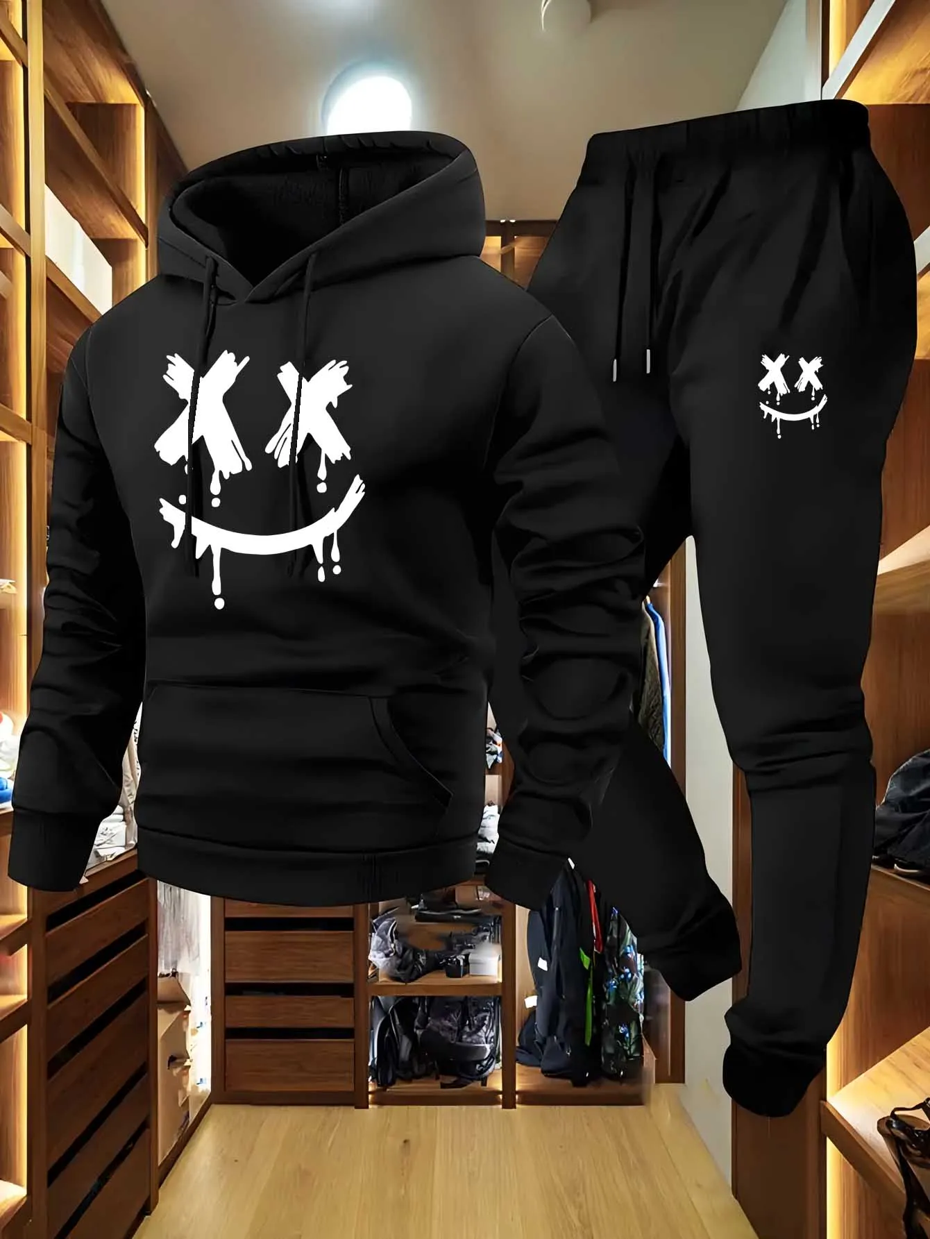 

Mens Tracksuits+Sweatpants Two Pieces Suits 2025 Winter Hooded Sweatshirt Casual Fitness Jogging Sports Pants Sets