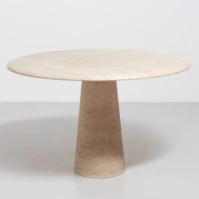 

French Wabi Sansan Beige Travertine Dining Table Natural Marble Living Room Sofa Side Round Dining Table Marble