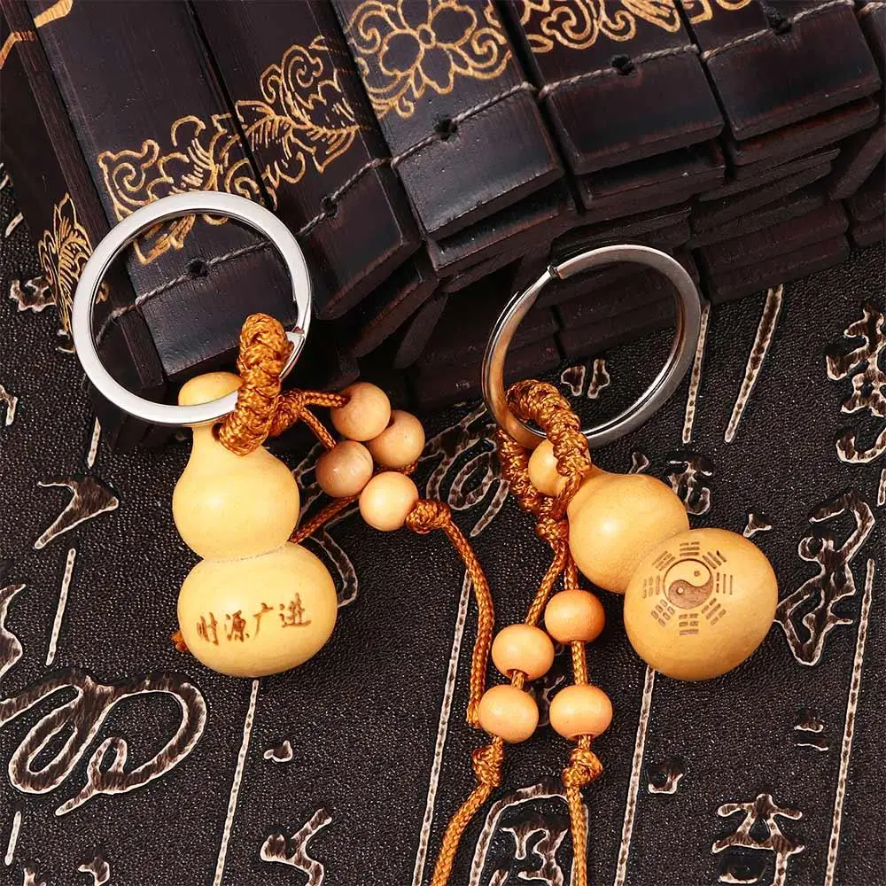 Chinese Traditional Good Luck Gourd Keychain Cute Mini Peach Wood Key Ring Wishful Lucky Pendant Car Keys Ornaments Gifts