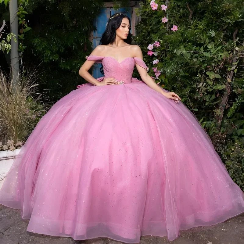 Sonhar Vestidos Pink Glitter 15 Quinceanera Dresses Ball Gown Off Shoulder Party Dress With Bow Customized 15 Years Princess Dre
