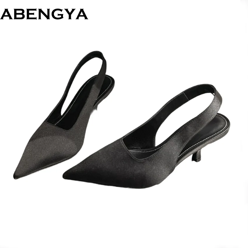 

Black Women Pumps Kitten Heels Point Toe Wedding Shoes Summer High Heels Slingback Sandals Woman Shoes