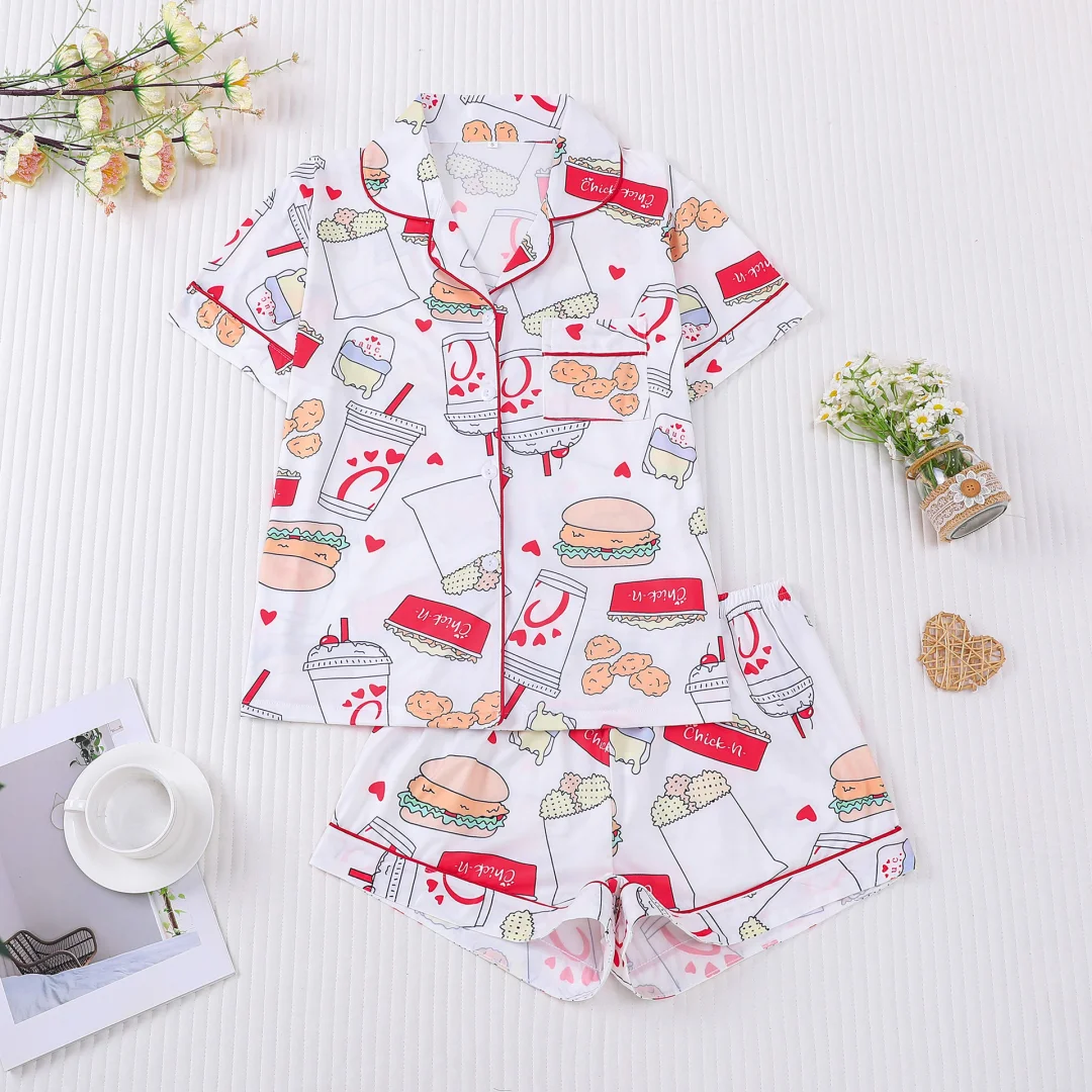 

White Women‘s Pajamas with Food Print Lapel Short Sleeves and Shorts Home Wear Set Loungewear Clothes Christmas Gifts