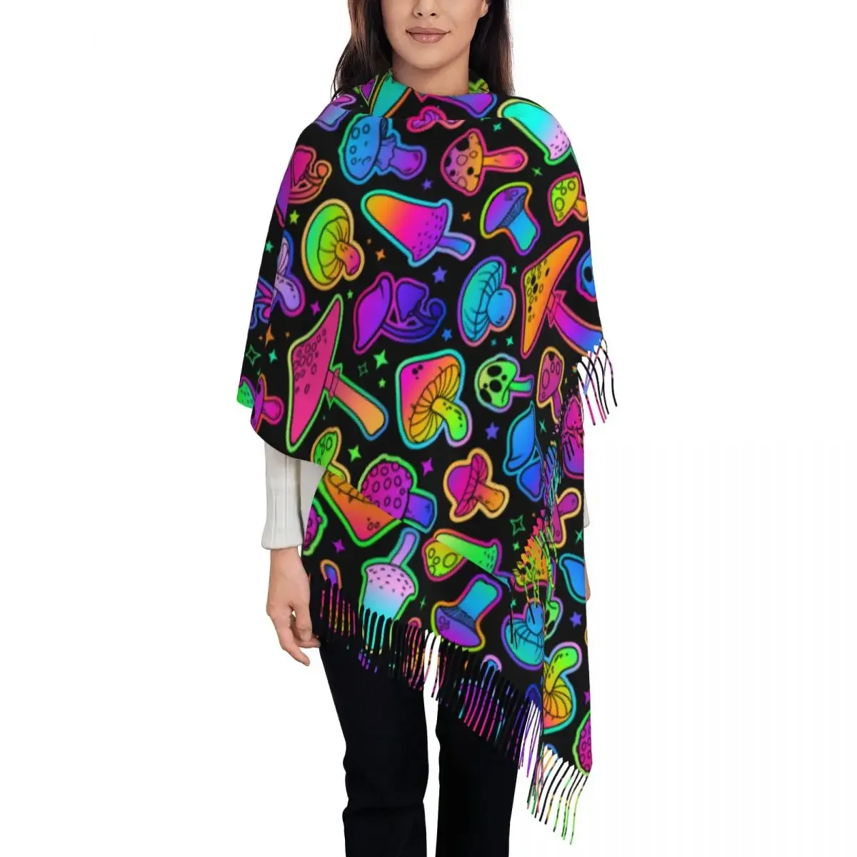 Women's Tassel Scarf Colorful Mushrooms Long Winter Fall Shawl Wrap Psychedelic Daily Wear Pashmina Scarves