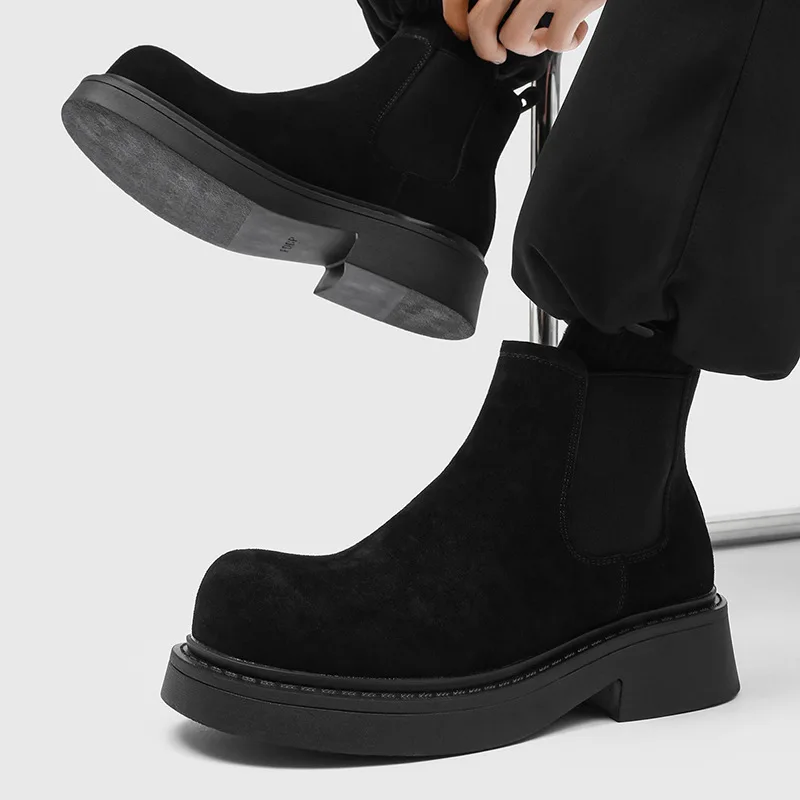 

Мужские повседневные ботинки челси в английском стиле, слипоны из замши, ковбойские ботинки на платформе, весенне-осенние стильные ботинки до щиколотки для мужчин