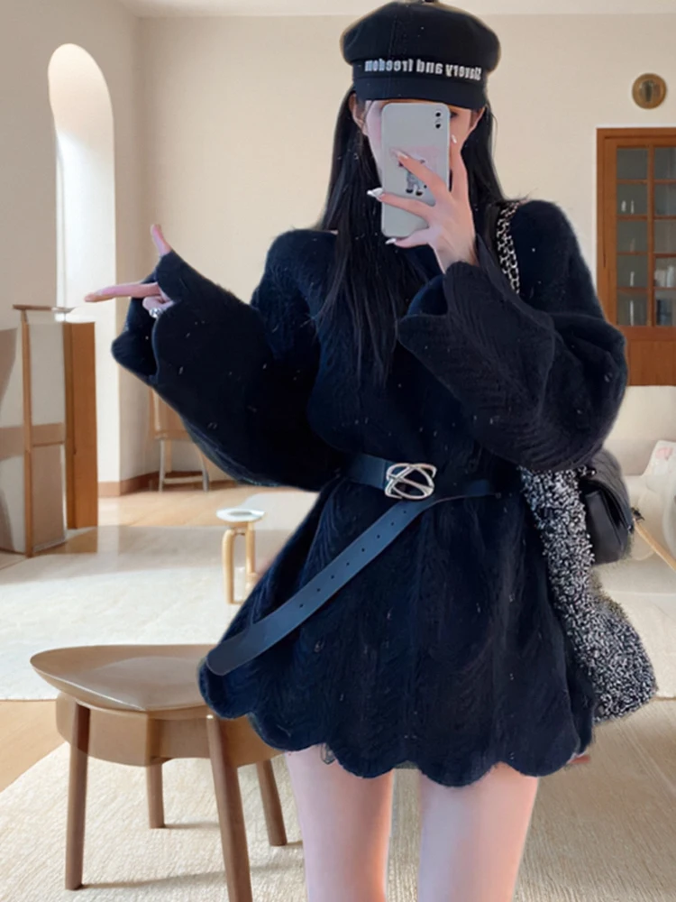 Ladies' Lazy Sle Knitted Sweater 2024 New Irregular Lace Hollow out Gentle Sweet oulder Exposure Top