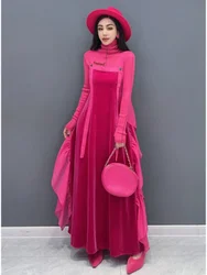 Vefadisa 2024 Fall New Red Women's Velvet Strap Dresses Waist Stitching A Line Dress Elegant Casual Fashion Dress ZXY641A