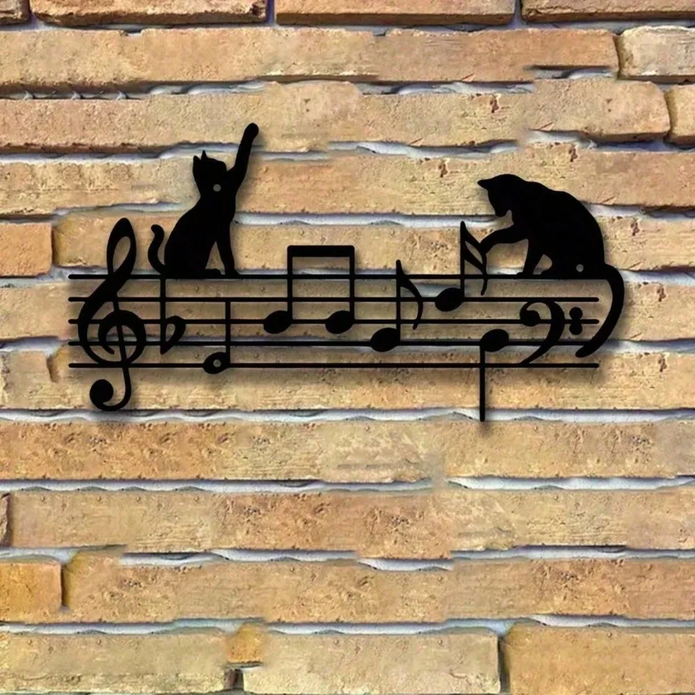 Eisenkatzen-Silhouetten-Wanddekoration mit Musiknoten, Wetterfeste Metallkunst für Innen- und Außenbereich, Haus, Garten und Raumdekoration