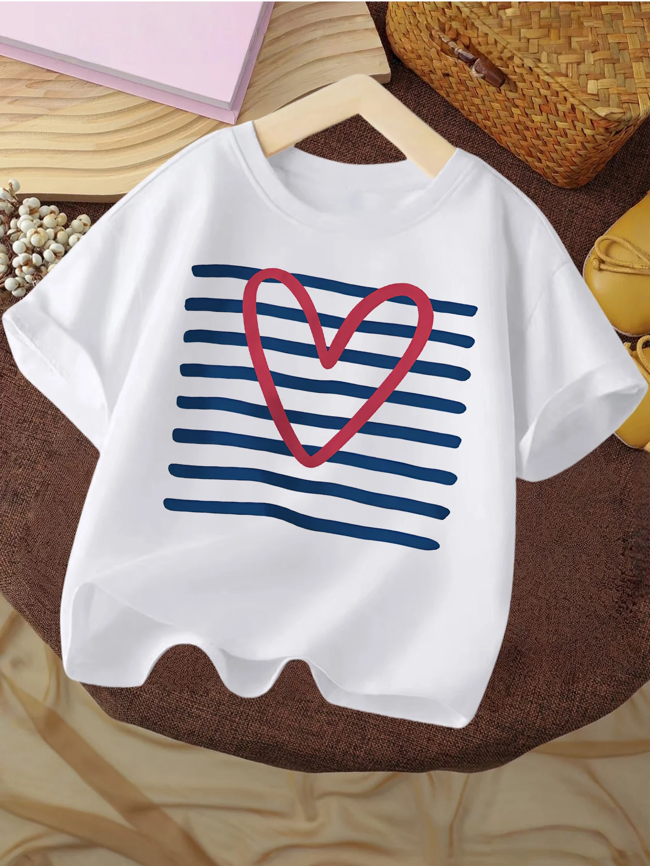 Kids Tee Simple Horizontal Stripes With Hand Drawn Red Heart Lovely Pattern Print Short Sleeve Cotton Children Casual Wear