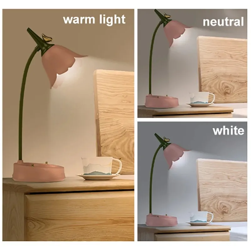 LED Night Light 3 Modes Kids Table Lamp Rechargeable Flower Bedside Lamp Eye Protection Adjustable Light for Student