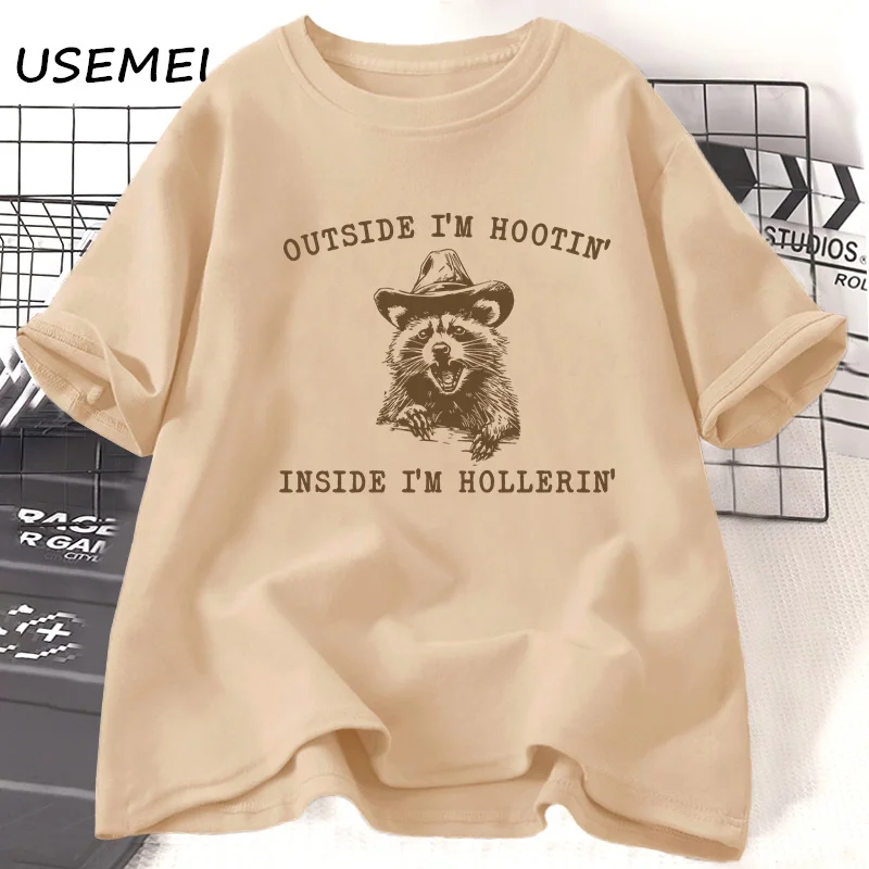 Outside I'm Hootin' Inside I'm Hollerin T-shirts Western Cowboy Country Funny Racoon T Shirt Cotton Short Sleeve Women Men Tees