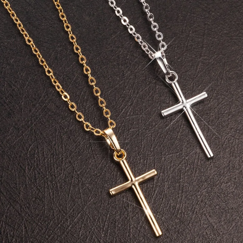 Fashion Trendy Clavicle Chain Cross Pendant Men and Women Hip Hop Stainless Steel Golden Silver Color Sweater Charm Necklace