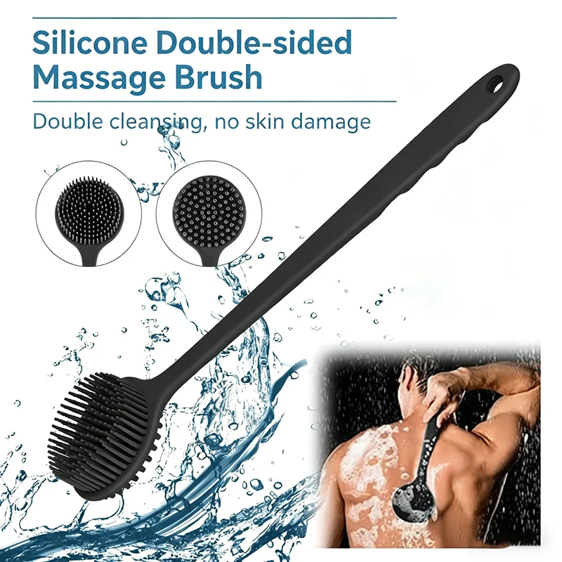 Shower Silicone Back Scrubber Brush with Long Handle Deep Body Cleansing Exfoliating Massage Double-Sided Soft Bristles Durable
