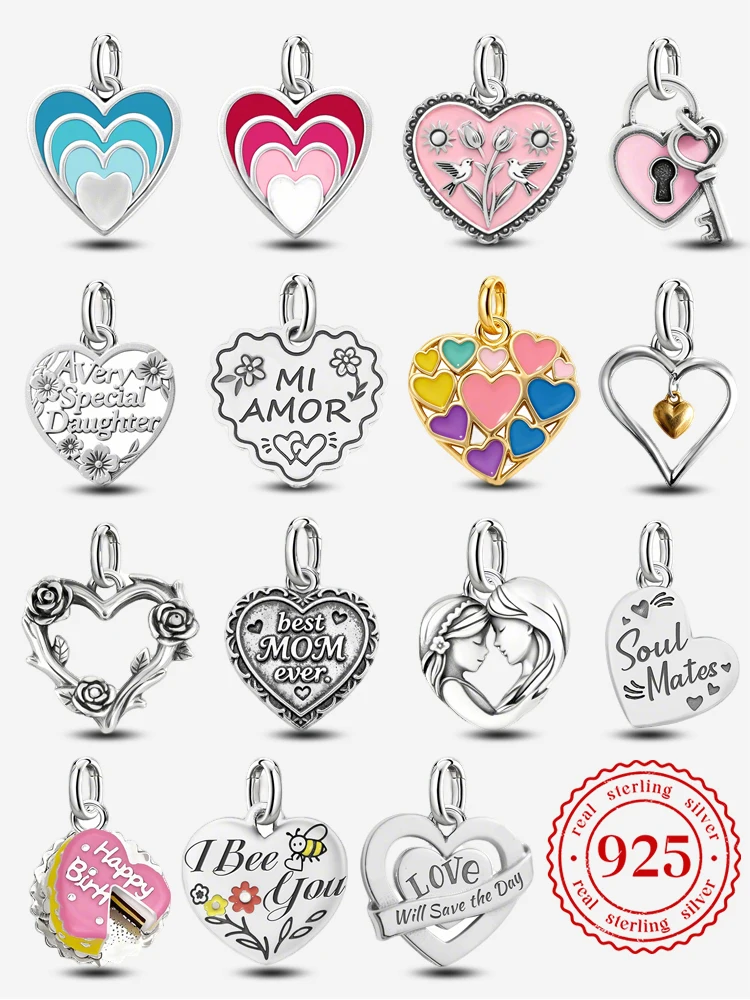 Adjustable 925 Sterling Silver  Vintage Pendants Fashion Love Heart Charms Beads Fit Original Bracelet Necklace DIY Jewelry