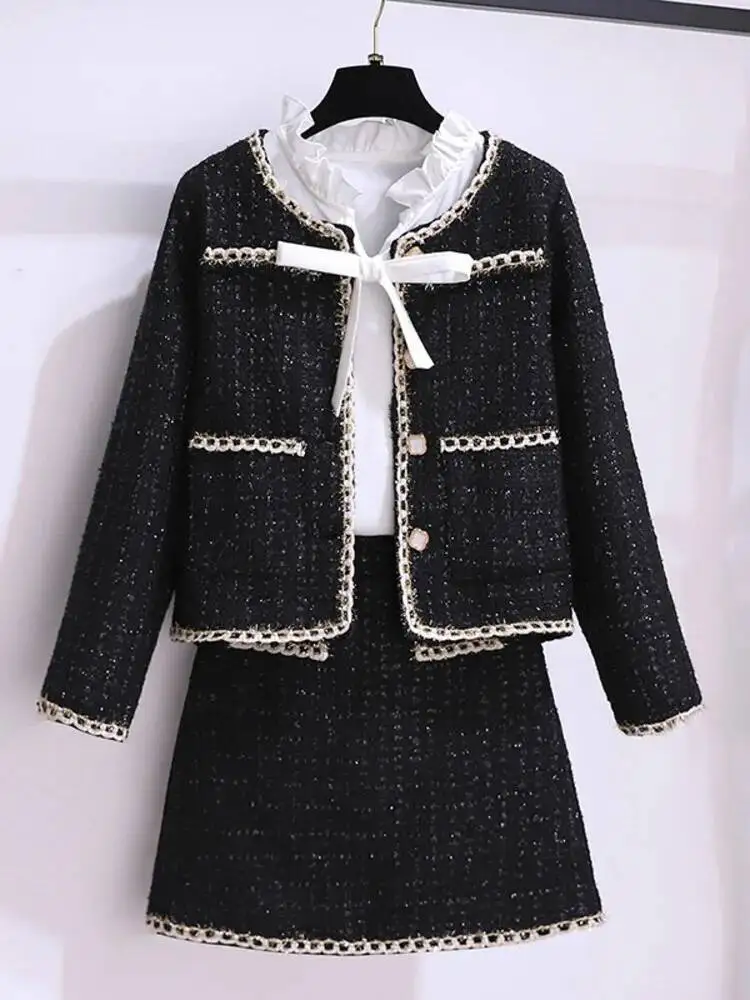 Jesień Zima Elegancki Czarny Tweed 2-częściowy Zestaw Damski Wełniana Kurtka z Długim Rękawem Krótki Płaszcz Mini Spódniczki Garnitury Moda Dwuczęściowy Zestaw