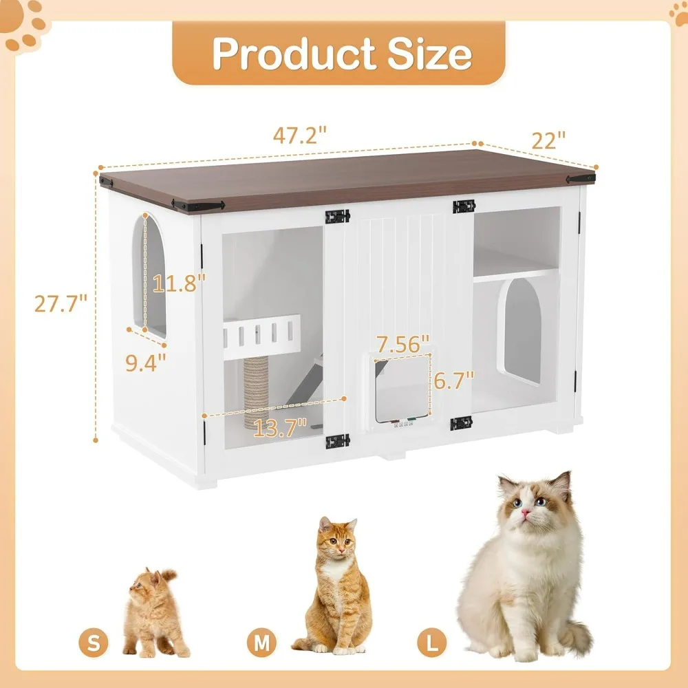 47.25 Inch Multi-Functional Cat Litter Box Enclosure with Smart Door & LED Light, Scratching Post & Stairs, Side Table/TV Stand