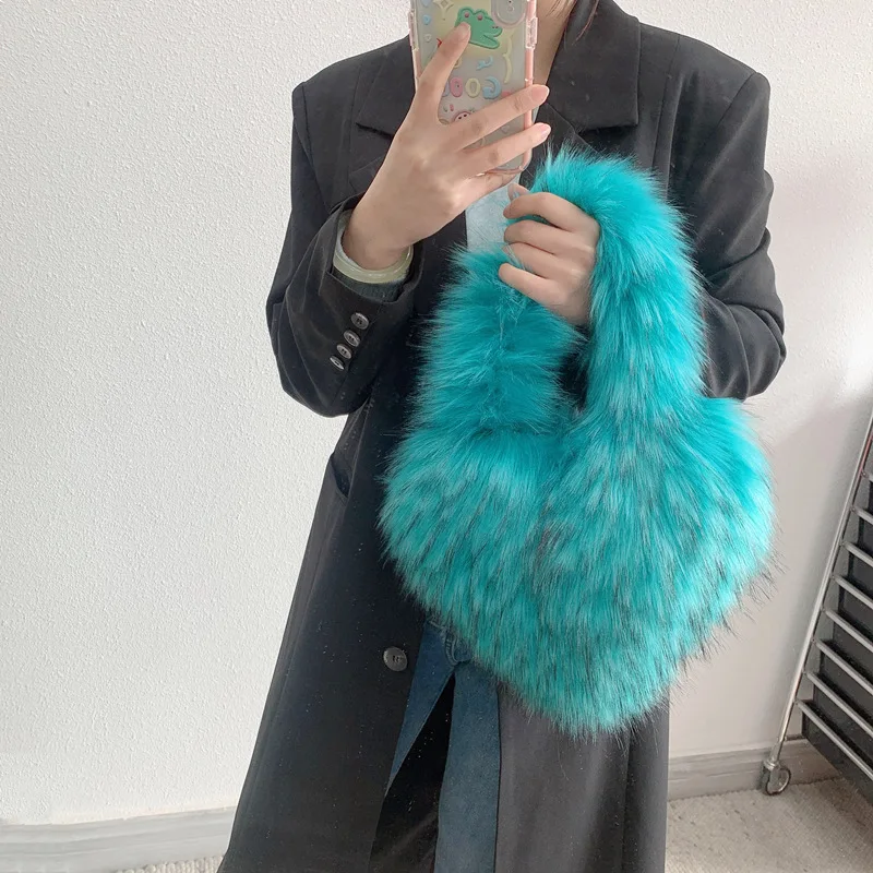 Heart Shape Plush Tote Bags Girls NEW Small & Big Faux Fur Handbags for Women Winter Long Shoulder Furry Straps Bag