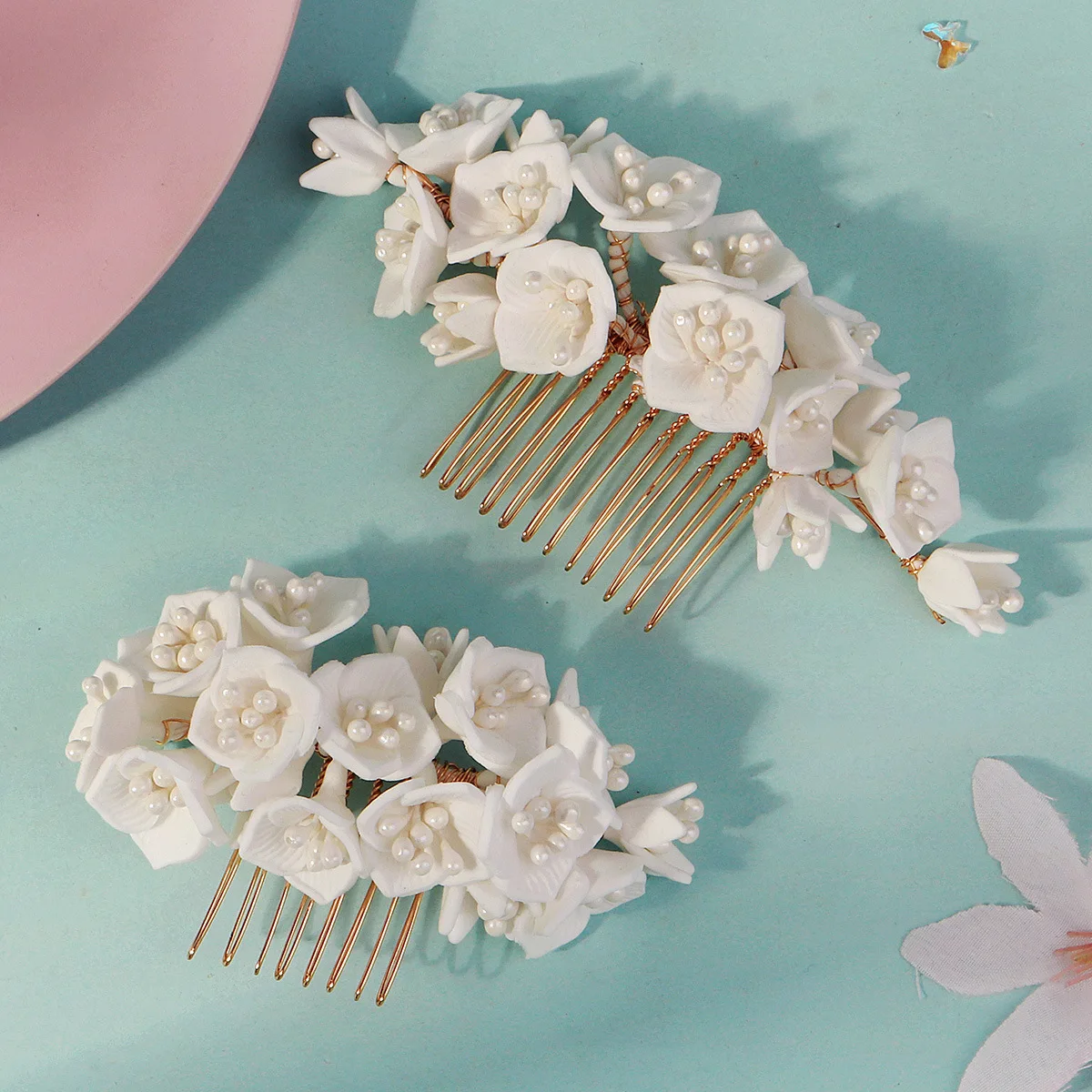 Floralbride Handmade Crystal Rhinestones Pearls Ceramic Flower Bridal Hair Comb Wedding Hair Accessory Bridesmaids Women Jewelry
