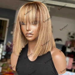Brown Honey Blonde Silky Straight Bob Highlight Black Women Lace Front Wig with Bangs Full Lace Human Hair Wig Fringe Style