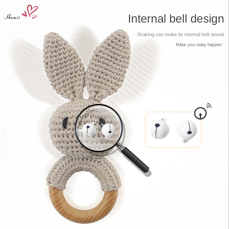 1PC Baby Rattles Cute Cartoon Bunny Crochet Rattle Toy Wood Ring Baby Teether Rodent Baby Gym Mobile Rattles Newborn Rattle Toys