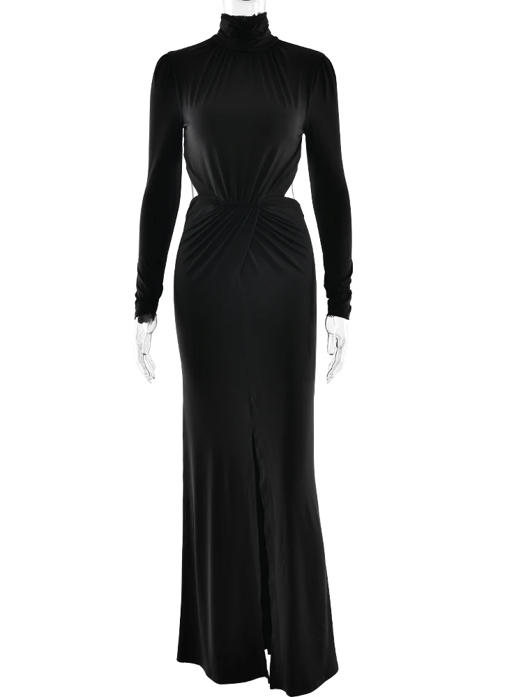 JULISSA MO col roulé Sexy dos évider froncé femmes robe Maxi automne fermeture éclair manches longues maigre élégant robe de soirée