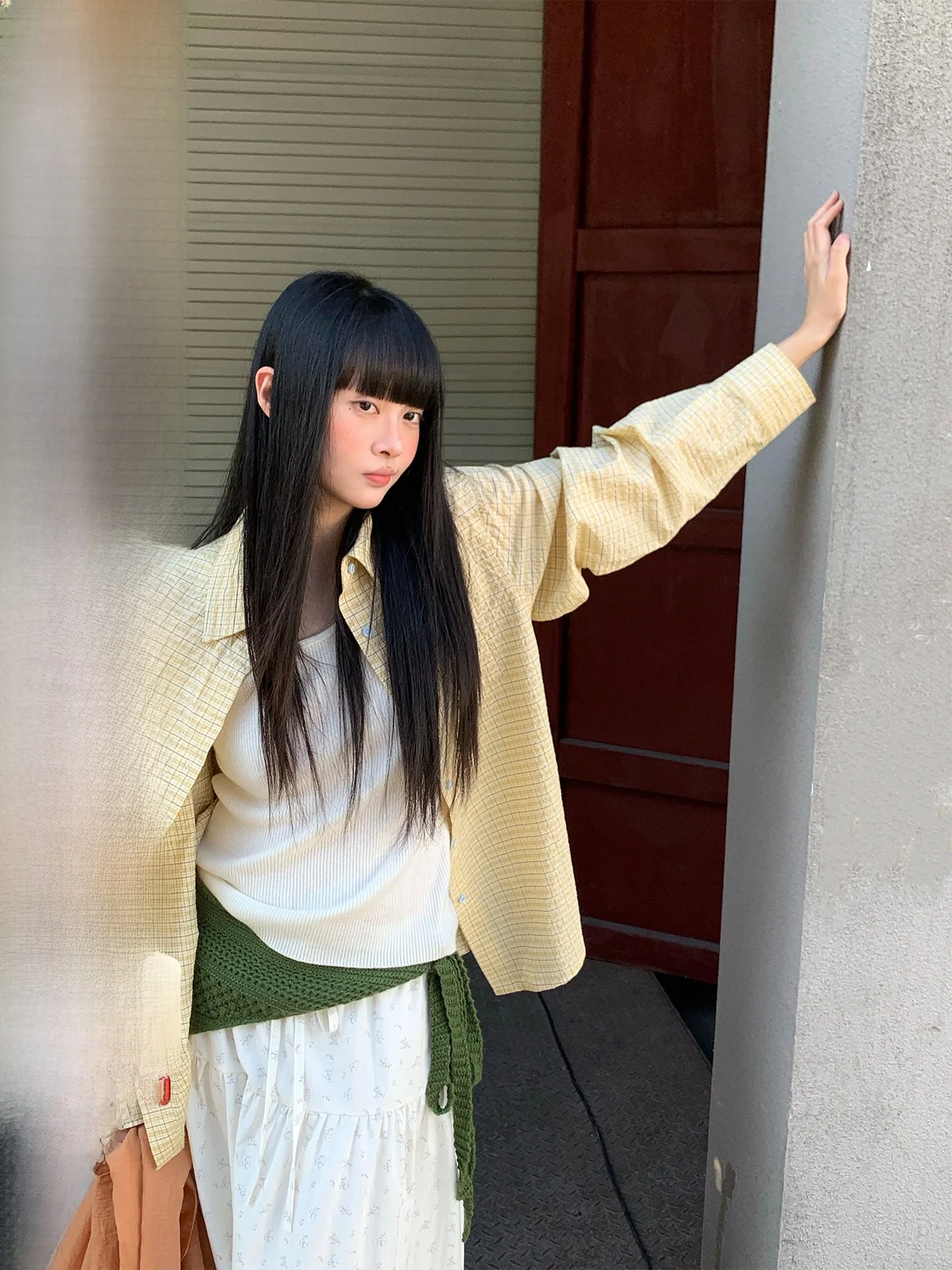 

COK Spring 2026 Early Spring Korean Sle Loose Long Sve irt Women's Textured Patterned Yellow Commute Wear New Arrival