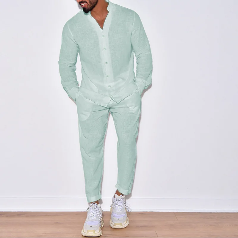 Ensemble deux pièces décontracté en coton et lin pour hommes, style européen, mode rétro, col en V ample, pantalon de plage monochrome, 2024