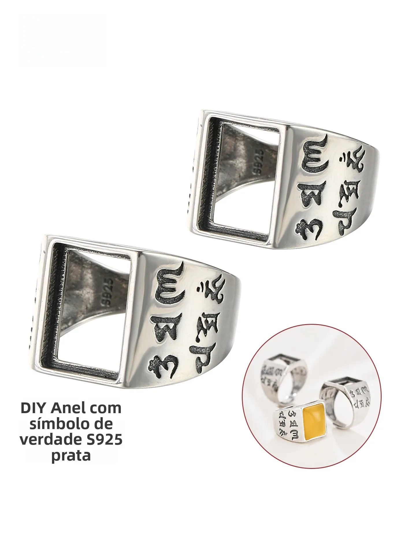 925-silver-men's-ring-holder-honey-amber-six-syllable-true-ring-empty-holder-fashionable-minimalist-style-square-shape-ring