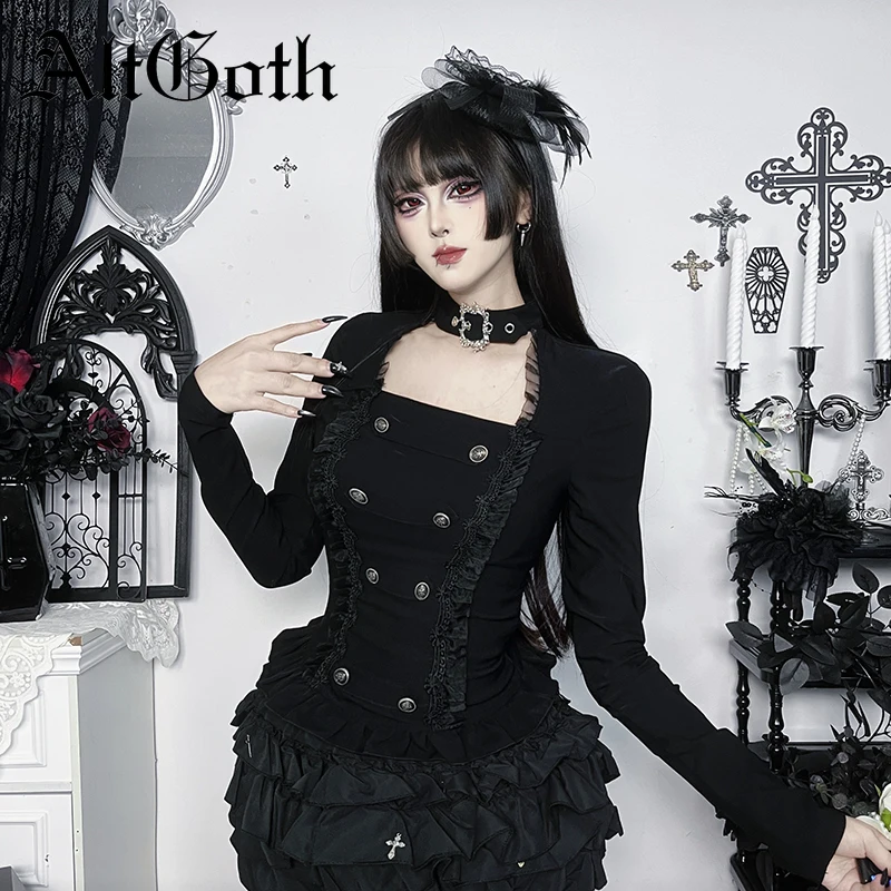 AltGoth Vintage Palace Style Lolita T-shirt Women Dark Gothic Streetwear Y2k Lace Patchwork Square Collar Long Sleeve Tee Tops