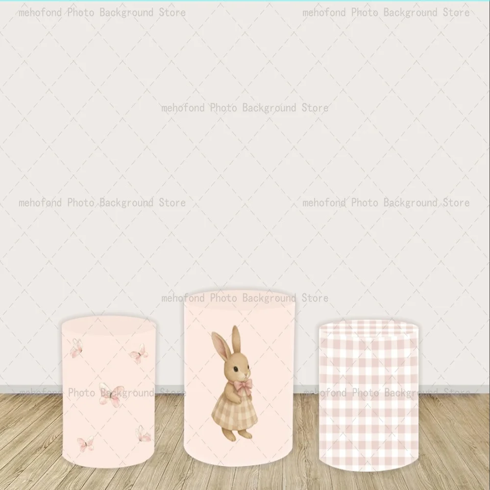 Mehofond Pink Cute Bunny Plaid Butterfly Birthday Party Girl's Heart Elastic Kid's Portrait Decor Cylinders Plinth Background