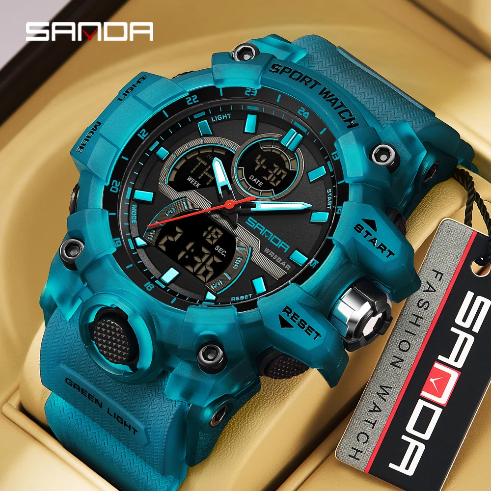 SANDA 6198 Fashionable Cool Night Light Dual Screen Multi functional Outdoor Sports Waterproof Men\'s Electronic Watch 2024