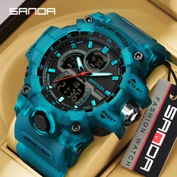 SANDA 6198 Fashionable Cool Night Light Dual Screen Multi functional Outdoor Sports Waterproof Men's Electronic Watch 2024