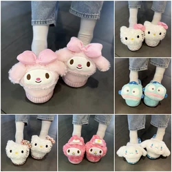 Japanese Style Warm Slippers Indoor Plush Shoes for Winter Non-slip Flat My Melody Kuromi Cinnamoroll Hangyodon Girl Ladies