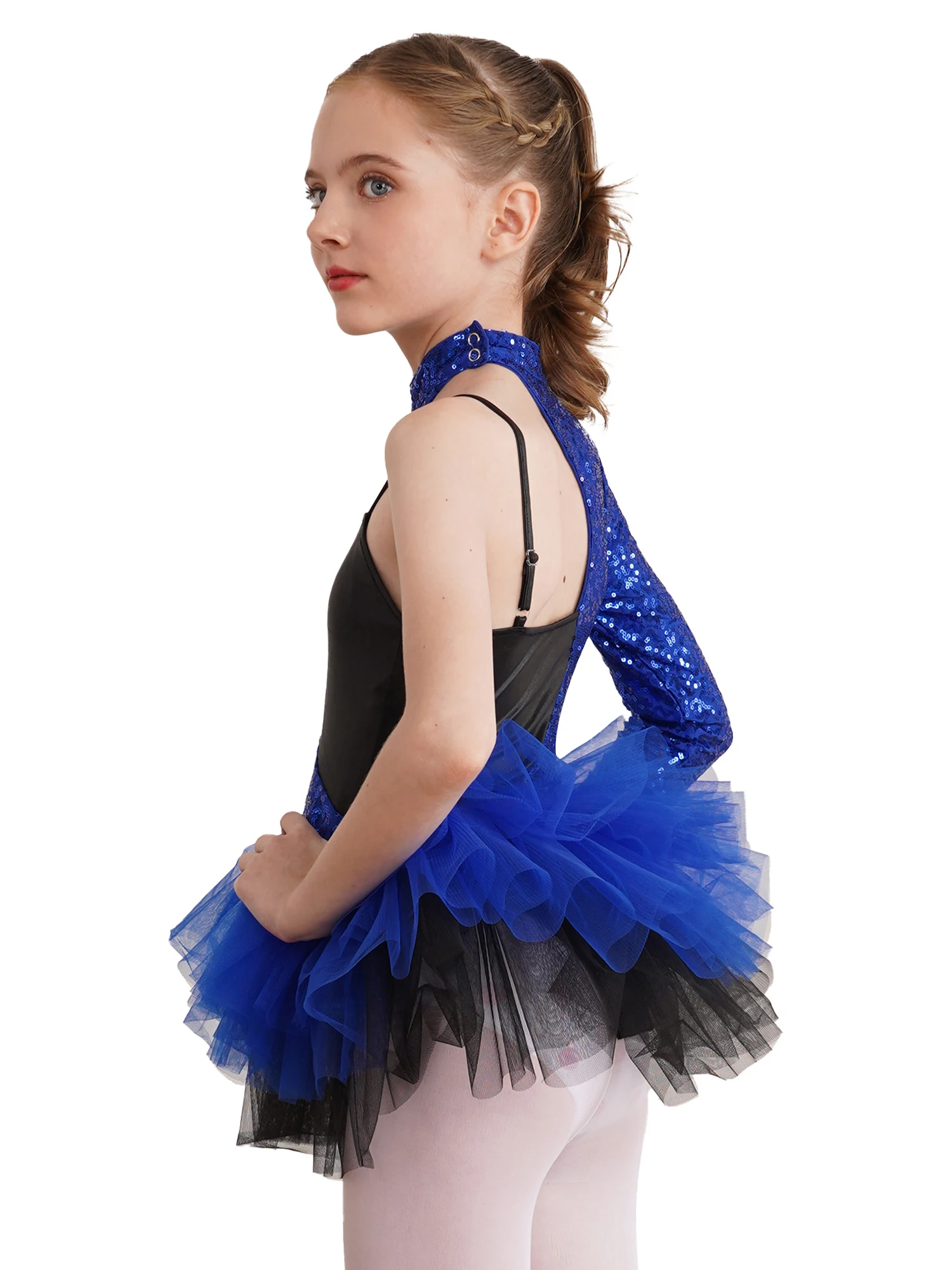 Kids Girls Ballet Dance Tulle Skirts Dress Sequins Gymnastics Leotard Dress Asymmetrical Sleeves Jazz Figure Skating Dresses