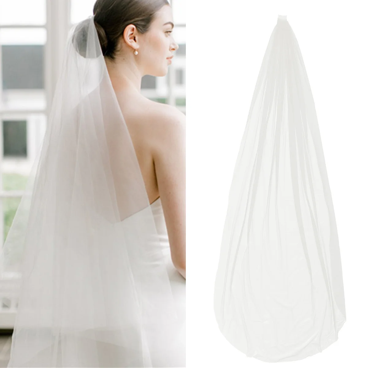 

Long Wedding Veil Single-deck Tulle Cathedral Chapel Floor Veils With Hair Side Comb For Bride (Ivory Tint)