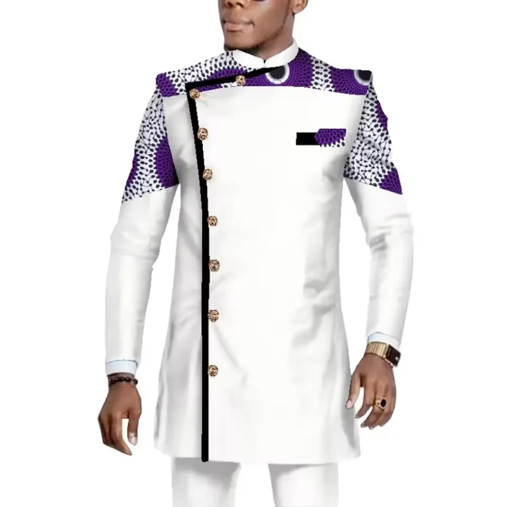 

New Cotton African Dashiki Men's Long Sleeve Shirt Suit with Ankara Pants Plus Size 2-Piece Set Eco-Friendly Breathable