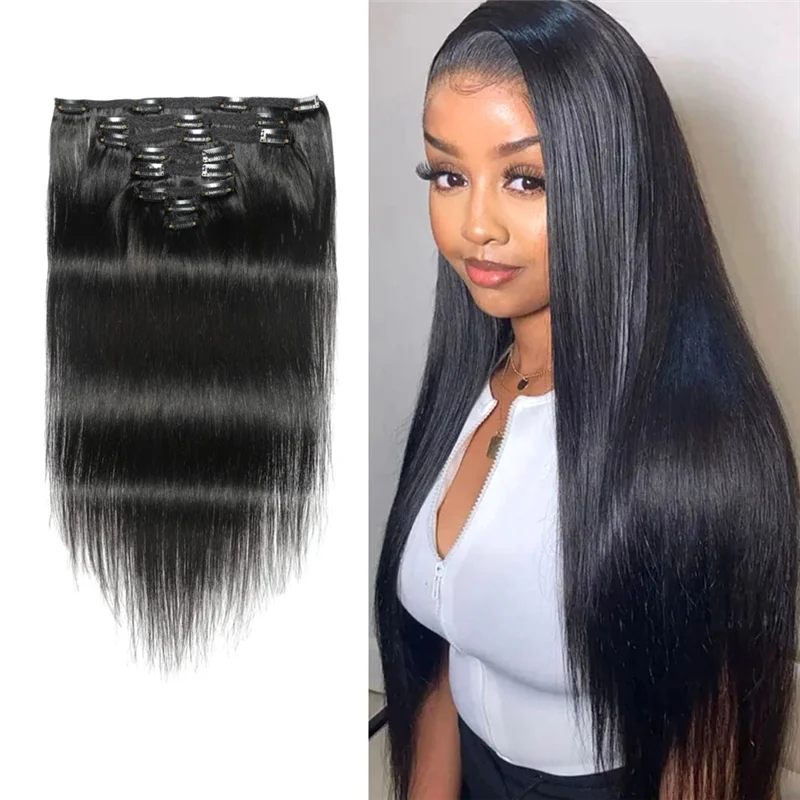 DHIPP-16Inch Clip In Extensions Human-Hair Clip Straight Hair Extensions Seamless Skin Weft Clip-On Hair Pieces Easy To Use