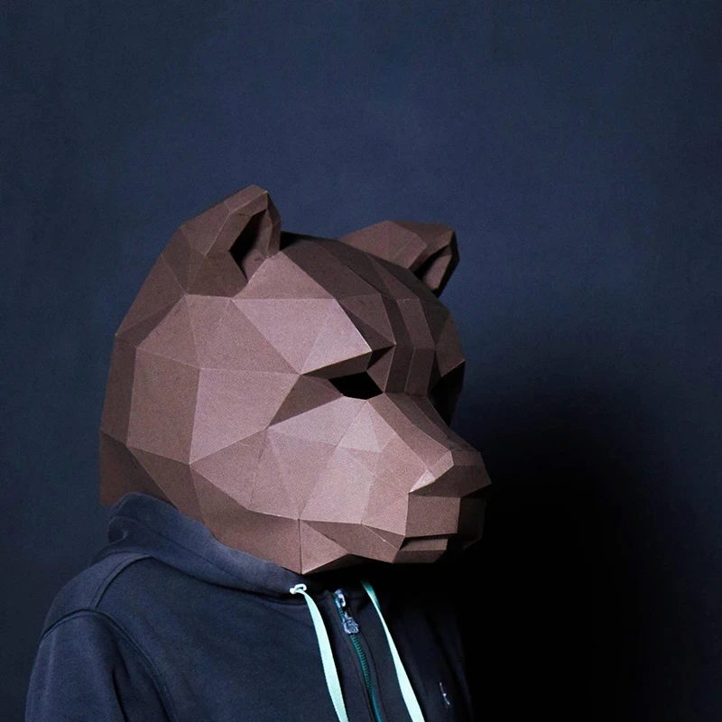 Brown Bear Head Paper Model Wearable Mask Animal Cosplay Papercraft 3D DIY Origami Headgear Halloween Prom Party Girls Gifts