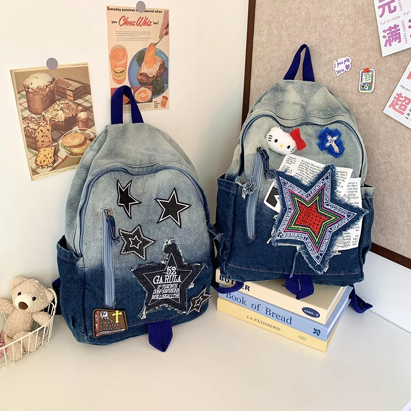 Denim Bag Ladies Fashion Backpacks Y2k Student Schoolbag Luxury Commuter Shoulder Bag Star High Middle School Back Book Pack