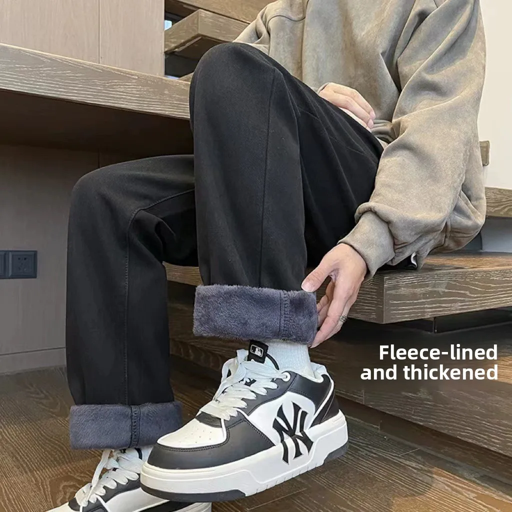 

Thiened Fce зимние джинсы мужские с эластичной резинкой на талии на хлопковой подкладке теплые свободные широкие брюки с завязками Bla молодежная повседневная одежда