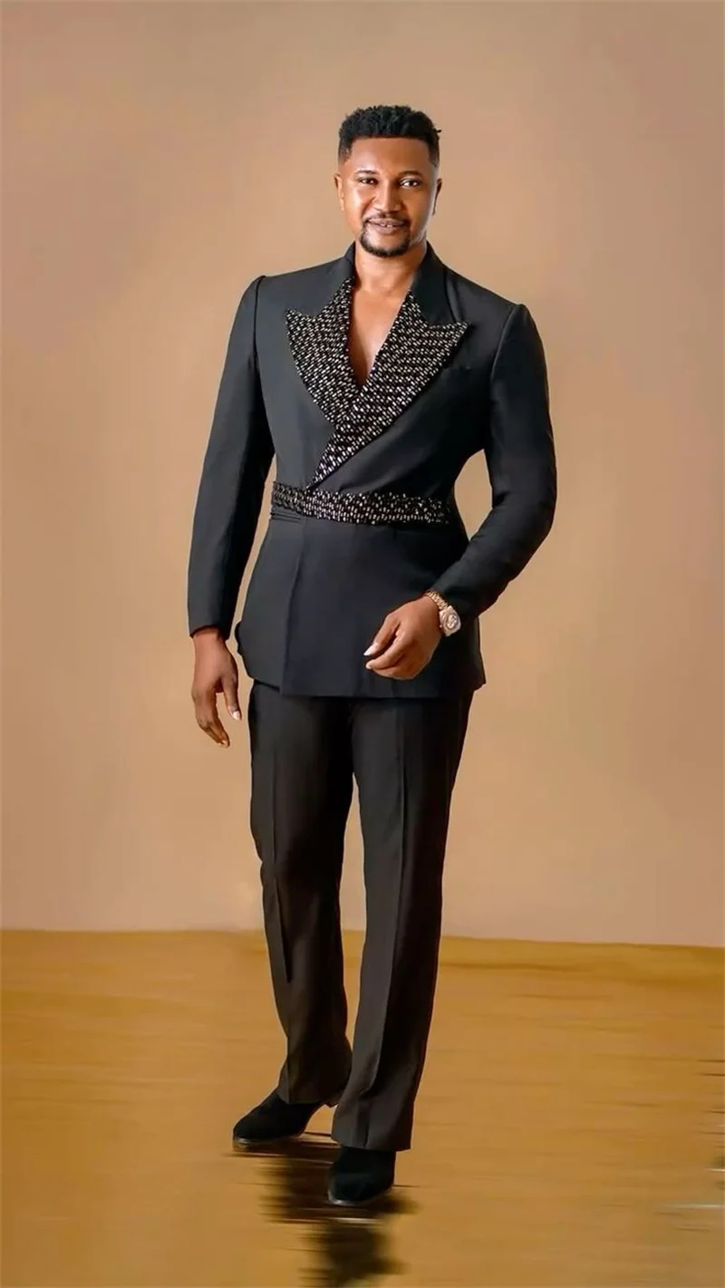 Crystals Black Men Suits Set 2 Pcs Blazer+Cotton Pants Trousers Belted Wedding Tuxedo Formal Office Business Groom Jacket Coat