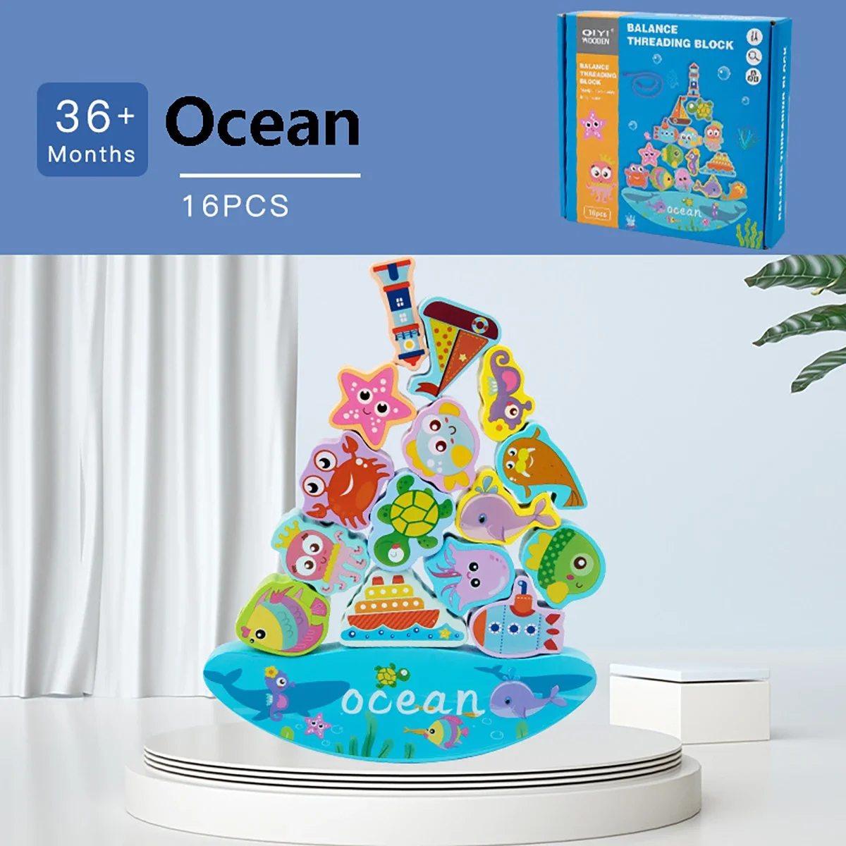 Blocs d'empilage d'équilibre en bois pour animaux de l'océan, jeu pour enfants, filetage en bois, jouets de motricité Fine, 1 pièce